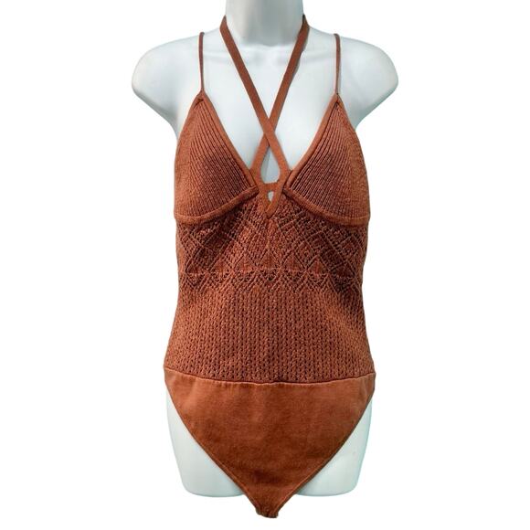 Abercrombie and Fitch Brown Thong Knit Crochet Halter Strappy Bodysuit Size L - Picture 1 of 9